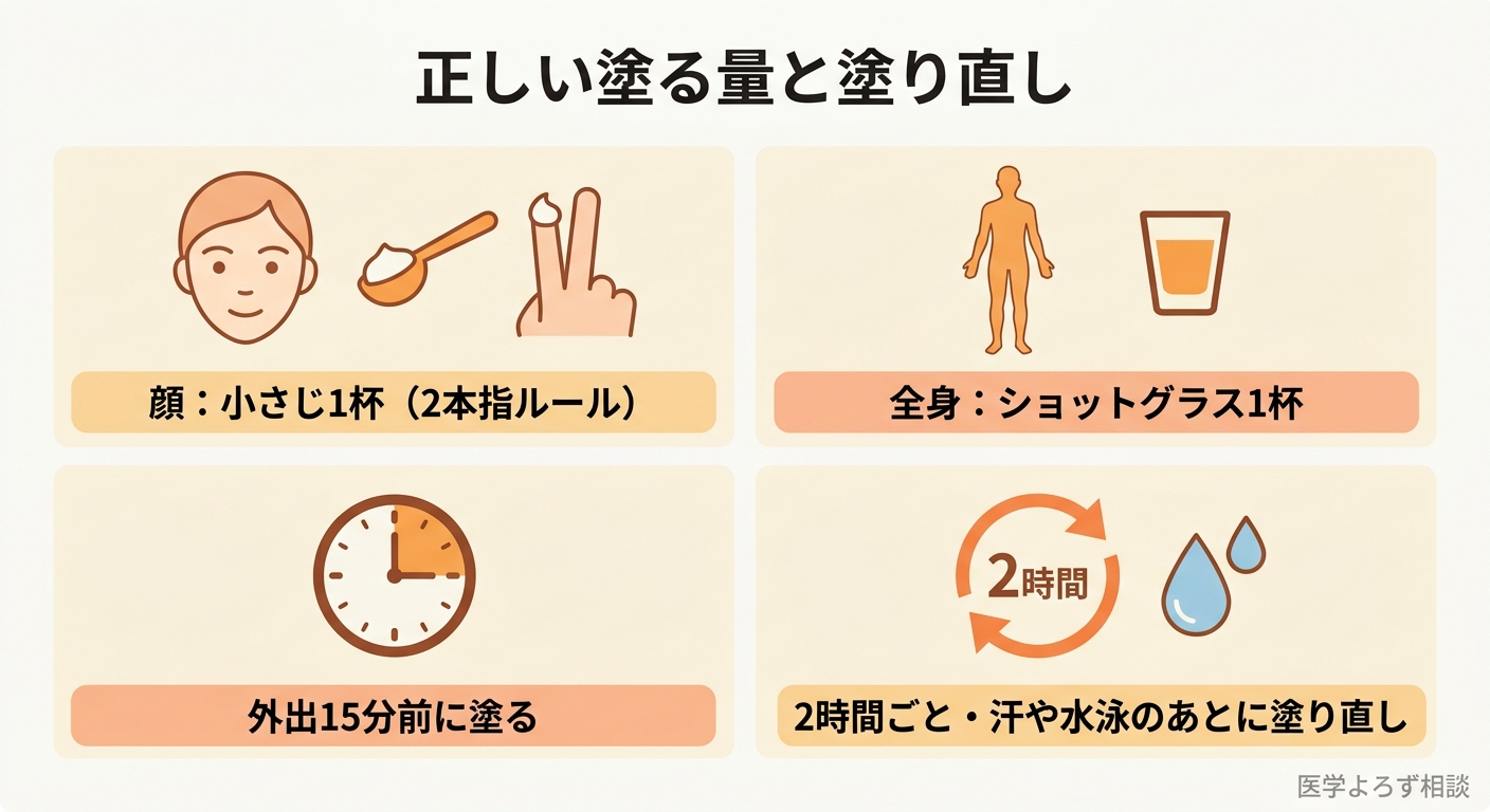顔には小さじ1杯ぶん、全身にはショットグラス1杯ぶんの日焼け止めを使い、外出15分前に塗り2時間ごとに塗り直すという実践ガイド図