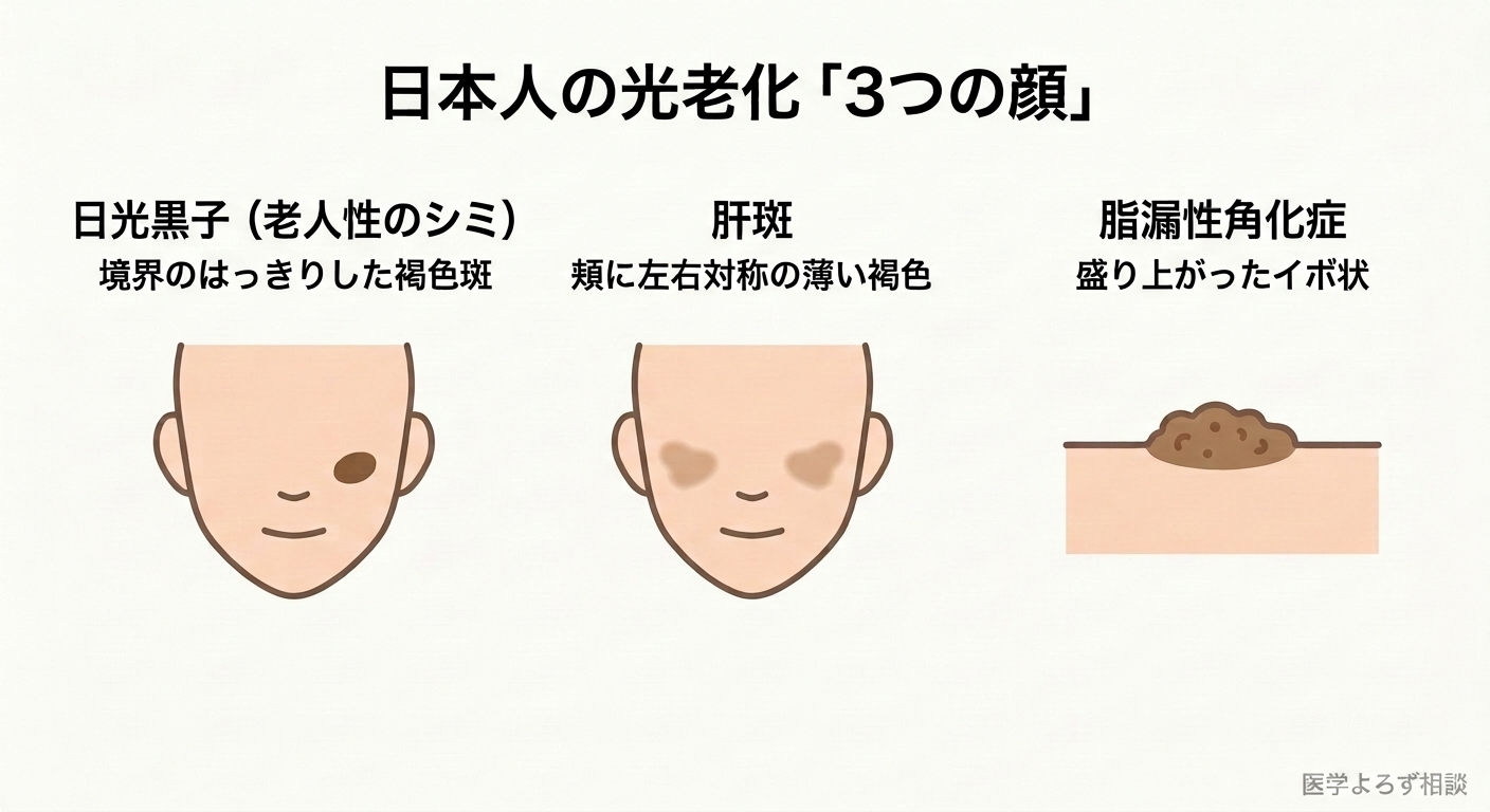 日本人の光老化に多い日光黒子・肝斑・脂漏性角化症の3つの特徴と出やすい場所を整理した分類概念図