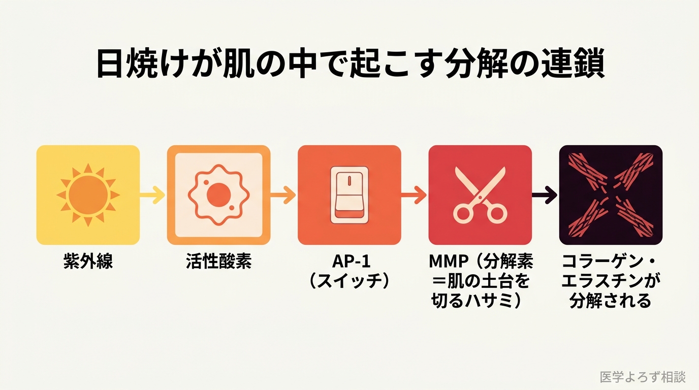 紫外線が活性酸素を発生させ、転写因子AP-1を活性化し、コラーゲン分解酵素MMPを増やしてコラーゲンとエラスチンを分解する連鎖を示すフロー図