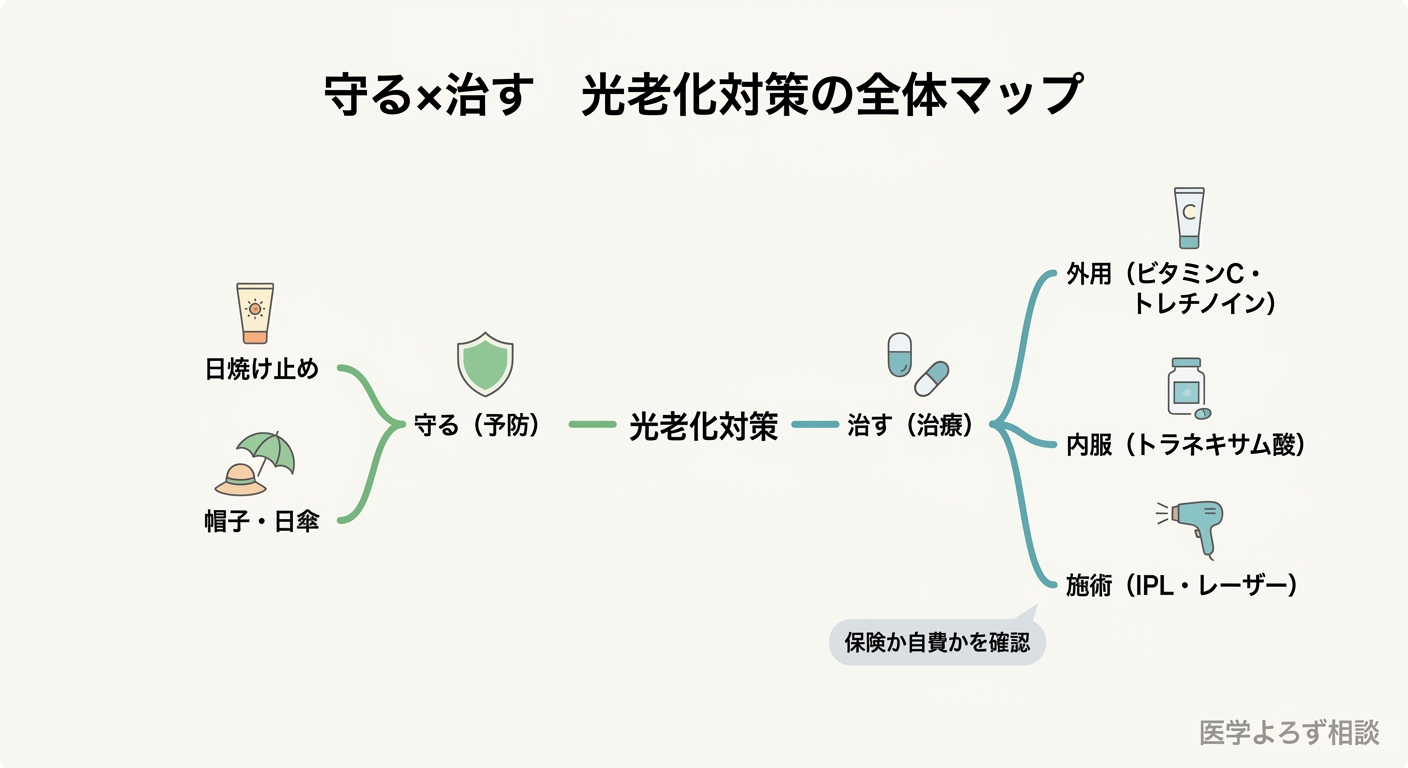 光老化対策を予防(日焼け止め・UVA可視光対策)と治療(外用・内服・施術)に整理し、それぞれ保険か自費かを示した全体マップ図