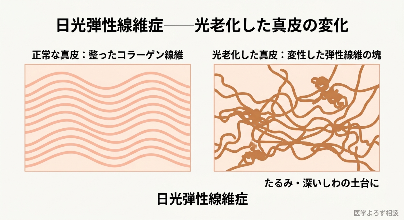 正常な真皮では整列したコラーゲン線維が肌を支えるのに対し、光老化した真皮では変性したエラスチンが塊状に蓄積する日光弾性線維症の違いを示した模式図
