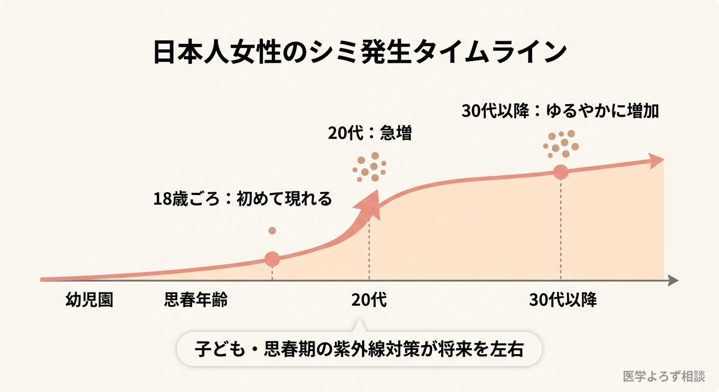 日本人女性のシミは18歳前後に初めて現れ、20代で急増し、その後は加齢とともに緩やかに増えることを示すタイムライン概念図