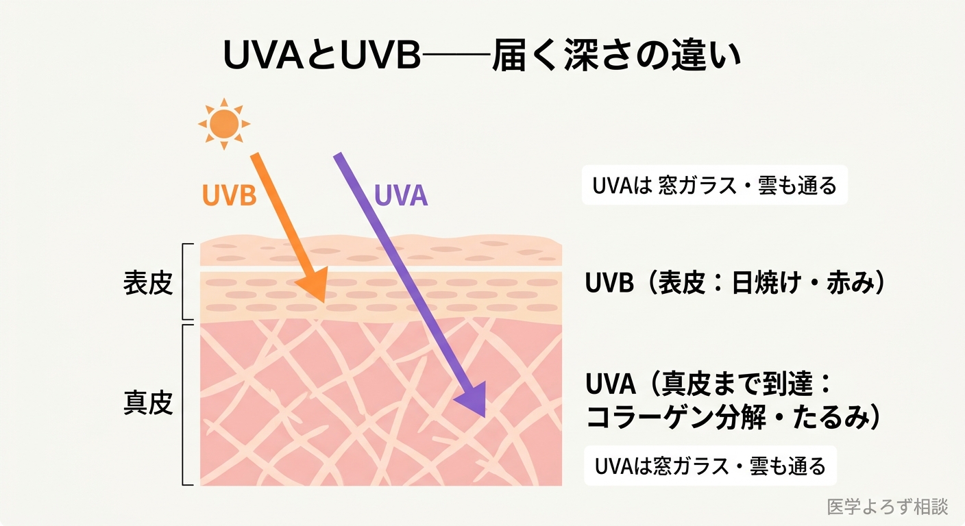 UVBは表皮に作用し日焼けやDNA損傷を起こし、UVAは真皮まで深く届きコラーゲン分解やたるみを起こすことを示す皮膚断面の模式図