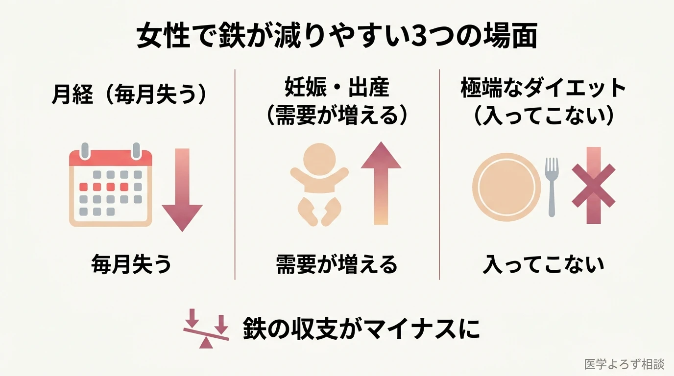 女性で鉄が減りやすい3つの場面。月経で毎月失う、妊娠出産で需要が増える、極端なダイエットで入ってこない、を並べた図