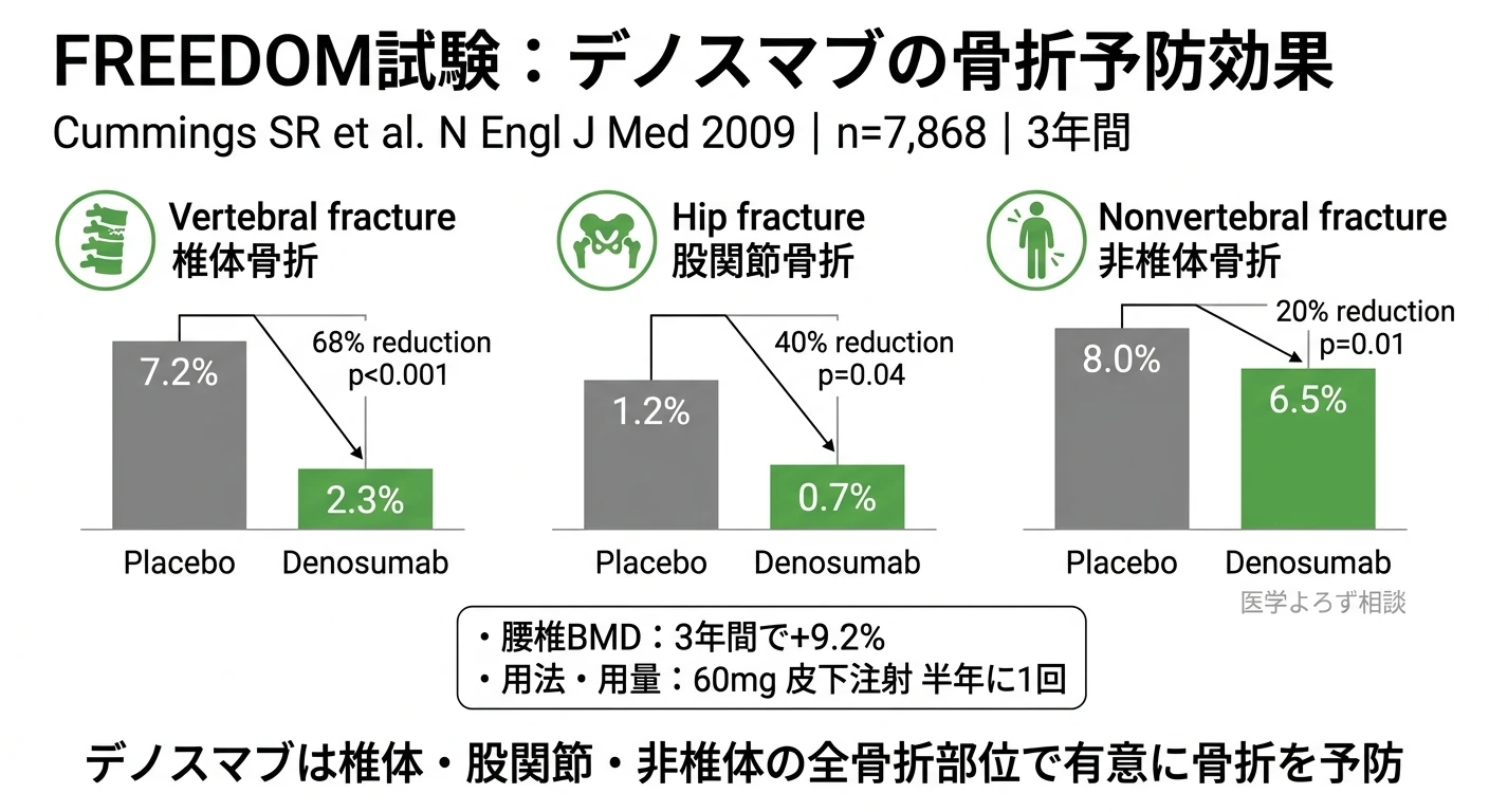 Denosumab for prevention of fractures in postmenopausal women with osteoporosis の研究結果