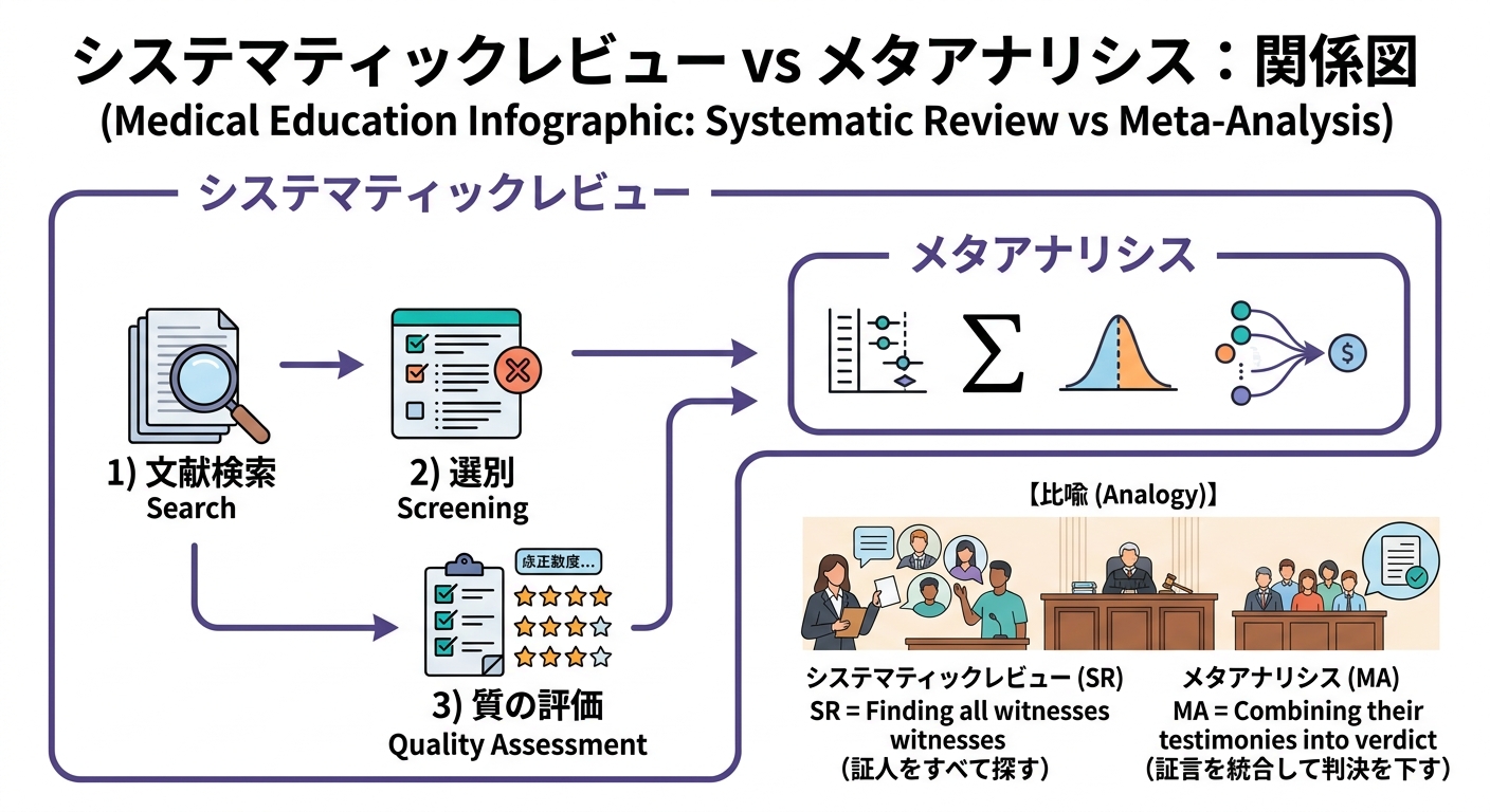 システマティックレビューとメタアナリシスの関係図